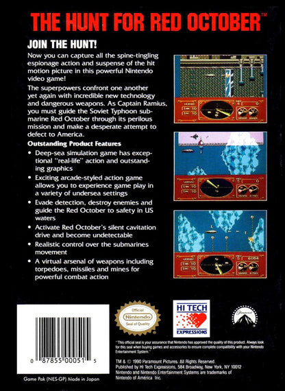 Hunt for Red October Nintendo Entertainment System NES video game featuring submarine action gameplay naval combat underwater missions strategic navigation torpedo attacks enemy submarines stealth operations ocean environments and classic 8 bit Nintendo gameplay retro video game collection collectible gaming appeal back cover art