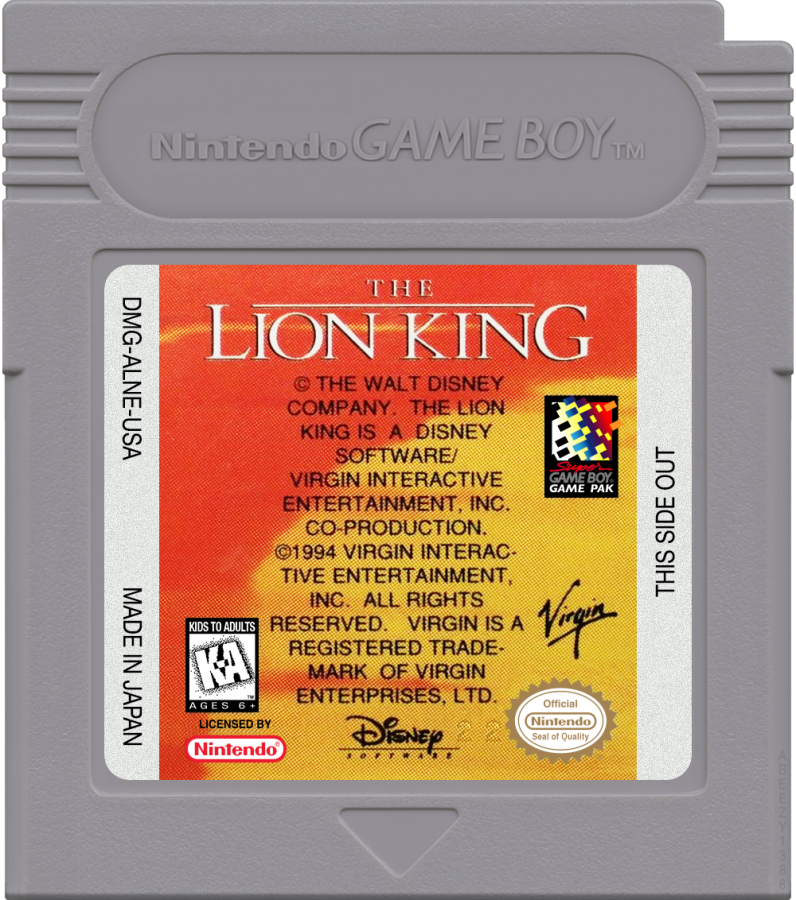 The Lion King cartridge art for Game Boy (GB) video game