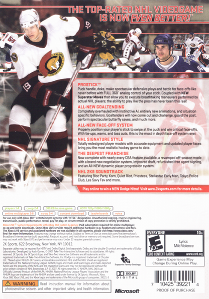 NHL 2K8 back of case for Xbox 360 (X360) sports ice hockey video game