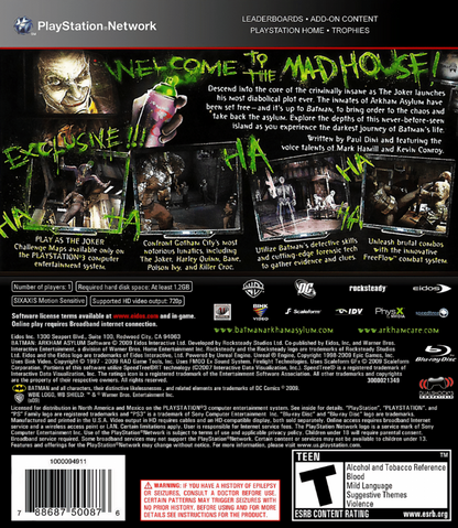 Batman: Arkham Asylum back cover art for PlayStation 3 (PS3) video game