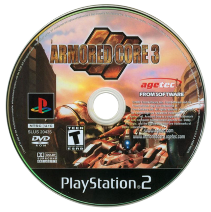 Armored Core 3 disc for the PlayStation 2 featuring mech combat simulation gameplay with deep customization of armored units fast paced mission based battles and sci fi mercenary storytelling from FromSoftware disc 