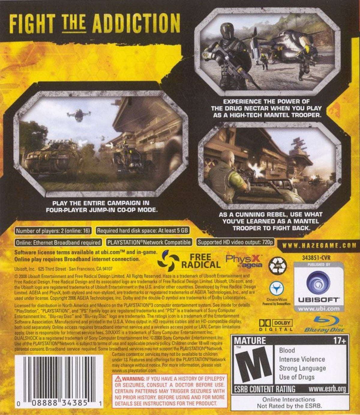 Haze for PlayStation 3 first person shooter sci fi action game featuring futuristic soldiers Nectar drug mechanic campaign mode multiplayer combat back cover 