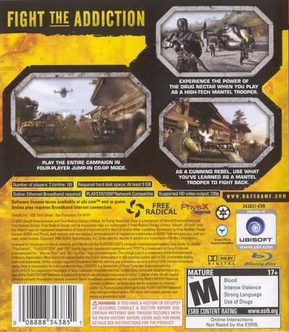 Haze for PlayStation 3 first person shooter sci fi action game featuring futuristic soldiers Nectar drug mechanic campaign mode multiplayer combat back cover 