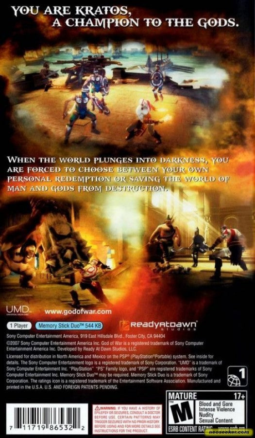 God of War Chains of Olympus Greatest Hits game back cover art for PlayStation Portable video game. 