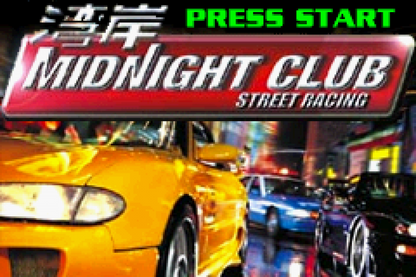 Midnight Club Street Racing Game Boy Advance title screen for retro video game featuring open world street racing gameplay illegal urban racing fast paced arcade driving car customization night city environments and portable handheld racing action on the GBA system