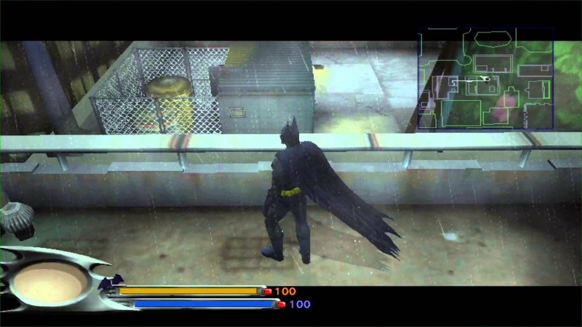 Batman Begins GameCube GC video game, action stealth adventure, superhero gameplay, movie tie-in, combat and stealth mechanics, Nintendo GameCube title gameplay screenshot