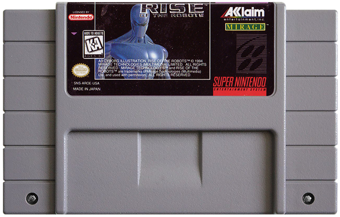 Rise of the Robots retro SNES video game Rise of the Robots sci fi fighting game robotic combat one on one battles futuristic action gameplay console title Super Nintendo release cartridge