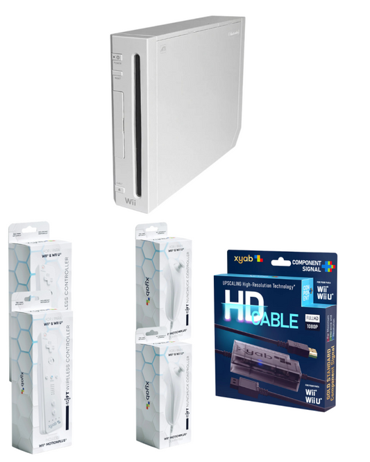 Nintendo Wii Multiplayer Plug and Play Pack bundle featuring a Nintendo Wii console with multiple controllers and essential cables for easy setup and local multiplayer gaming with motion controls and family friendly titles