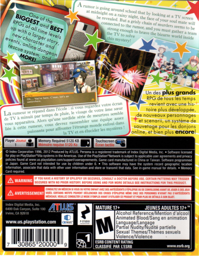 Persona 4 Golden PlayStation Vita PS Vita for role playing retro video game fans featuring turn based battles social simulation dungeon crawling supernatural mystery character relationships Japanese RPG adventure collectible gaming appeal back of case