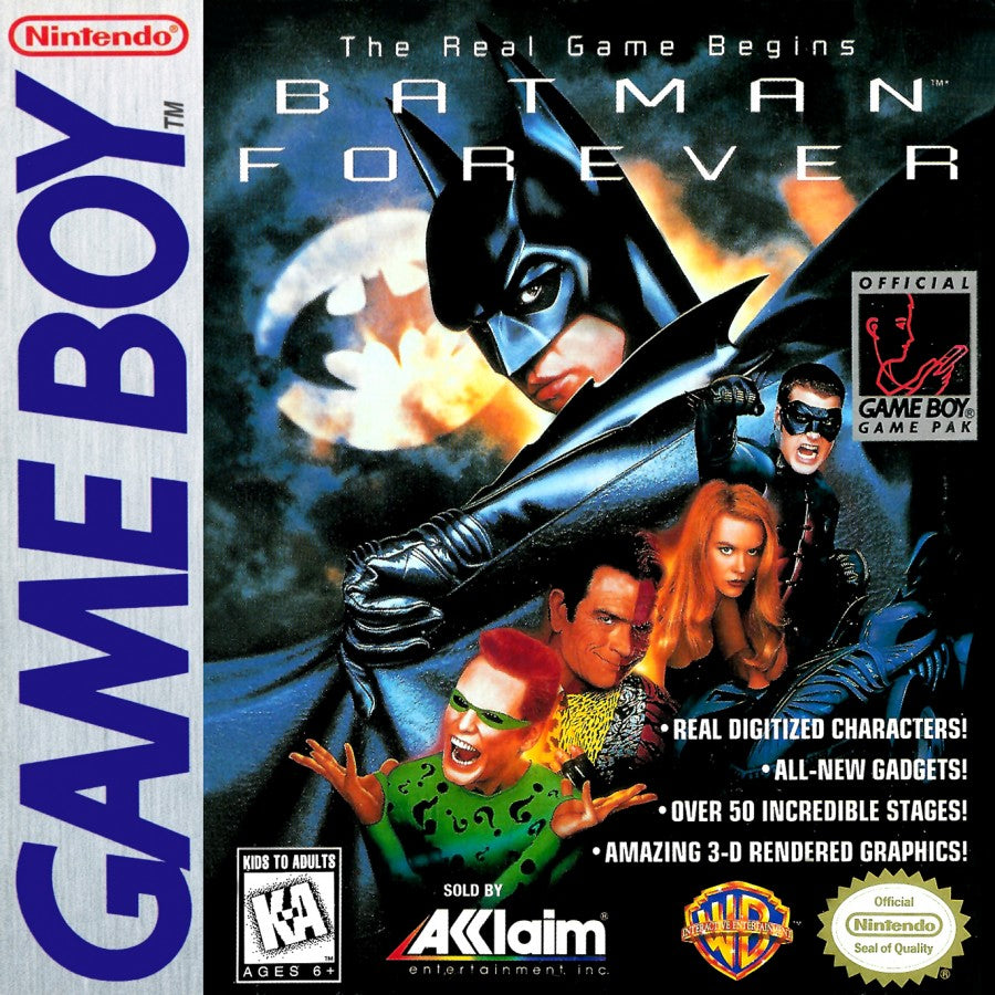 Batman Forever Game Boy GB for retro video game enthusiasts featuring action platforming gameplay superhero crime fighting Gotham City adventure side scrolling combat gadget based challenges comic inspired action and collectible gaming appeal front cover 