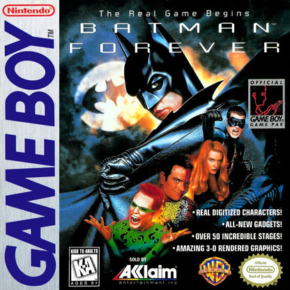 Batman Forever Game Boy GB for retro video game enthusiasts featuring action platforming gameplay superhero crime fighting Gotham City adventure side scrolling combat gadget based challenges comic inspired action and collectible gaming appeal front cover 