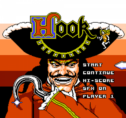 Hook NES Nintendo Entertainment System action platformer movie tie in Peter Pan Captain Hook side scrolling gameplay sword combat platforming adventure Sony Imagesoft retro 8 bit gaming cartridge video game title title screen