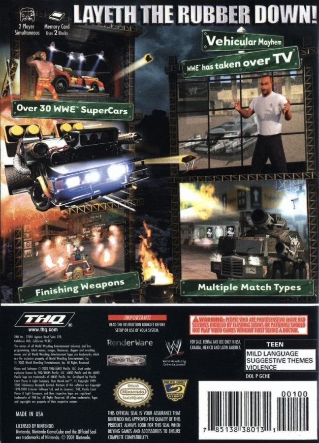 WWE Crush Hour Nintendo GameCube GC video game featuring vehicular combat action gameplay WWE superstars and wrestling characters weaponized cars explosive arena battles machine guns missiles rockets vehicle upgrades destructive racing combat special attacks championship challenges and chaotic professional wrestling themed driving action classic Nintendo GameCube arcade combat retro video game collection collectible gaming appeal back cover art