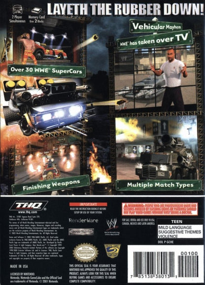 WWE Crush Hour Nintendo GameCube GC video game featuring vehicular combat action gameplay WWE superstars and wrestling characters weaponized cars explosive arena battles machine guns missiles rockets vehicle upgrades destructive racing combat special attacks championship challenges and chaotic professional wrestling themed driving action classic Nintendo GameCube arcade combat retro video game collection collectible gaming appeal back cover art