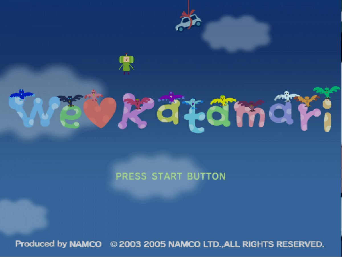 We Love Katamari – PlayStation 2 (PS2) video game title screen, puzzle-action.