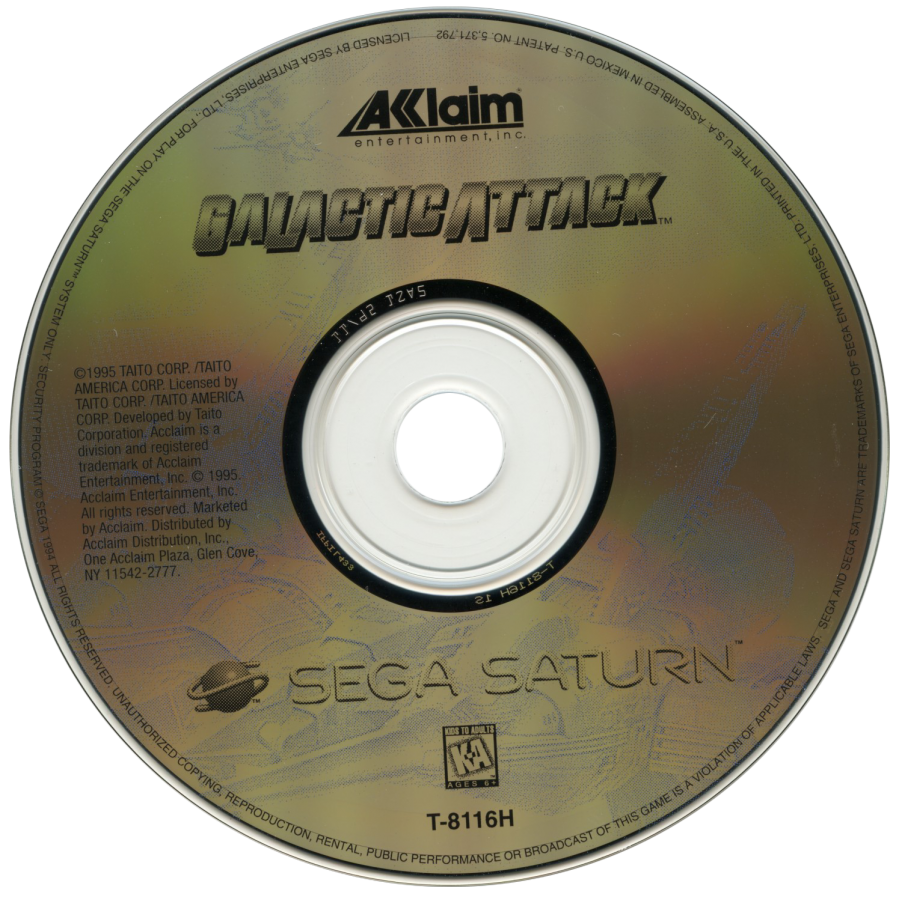 Galactic Attack Sega Saturn vertical scrolling shoot em up shmup arcade space shooter layered sprite graphics fast paced enemy waves power ups sci fi spaceship combat Taito arcade classic retro gaming Sega Saturn software video game title disc 