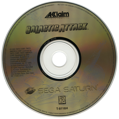 Galactic Attack Sega Saturn vertical scrolling shoot em up shmup arcade space shooter layered sprite graphics fast paced enemy waves power ups sci fi spaceship combat Taito arcade classic retro gaming Sega Saturn software video game title disc 