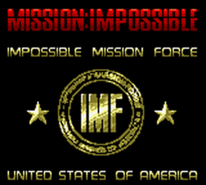 Mission Impossible for Game Boy Color, title screen for an action-adventure video game with stealth gameplay, mission-based objectives, gadget use, and spy-themed challenges