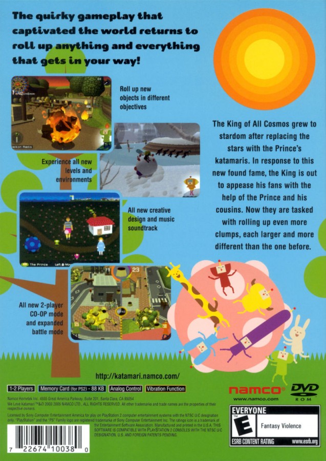 We Love Katamari – PlayStation 2 (PS2) video game back of case, puzzle-action.