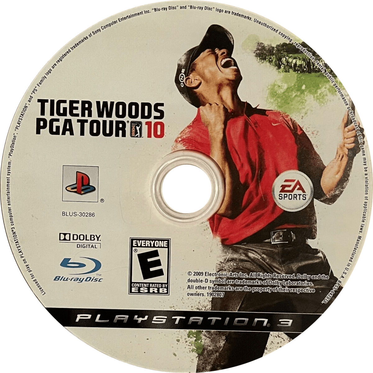 Tiger Woods PGA Tour 10 PlayStation 3 golf simulation video game featuring the US Open at Bethpage Black precision putting controls real-time weather from The Weather Channel and Tournament Challenge mode reliving historic golf moments disc