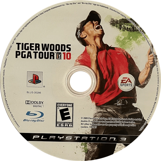 Tiger Woods PGA Tour 10 PlayStation 3 golf simulation video game featuring the US Open at Bethpage Black precision putting controls real-time weather from The Weather Channel and Tournament Challenge mode reliving historic golf moments disc