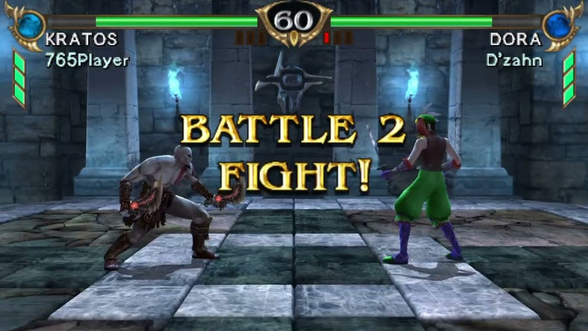 SoulCalibur: Broken Destiny for PlayStation Portable (PSP) at Gamers INC, featuring the premier handheld entry in the legendary weapon-based fighting series that brings the fluid 8-way run system and deep character customization of SoulCalibur IV to the PSP, including over 20 iconic warriors—plus the exclusive guest appearance of God of War’s Kratos—for intense, high-fidelity duels anywhere you go gameplay screenshot