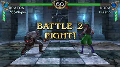 SoulCalibur: Broken Destiny for PlayStation Portable (PSP) at Gamers INC, featuring the premier handheld entry in the legendary weapon-based fighting series that brings the fluid 8-way run system and deep character customization of SoulCalibur IV to the PSP, including over 20 iconic warriors—plus the exclusive guest appearance of God of War’s Kratos—for intense, high-fidelity duels anywhere you go gameplay screenshot