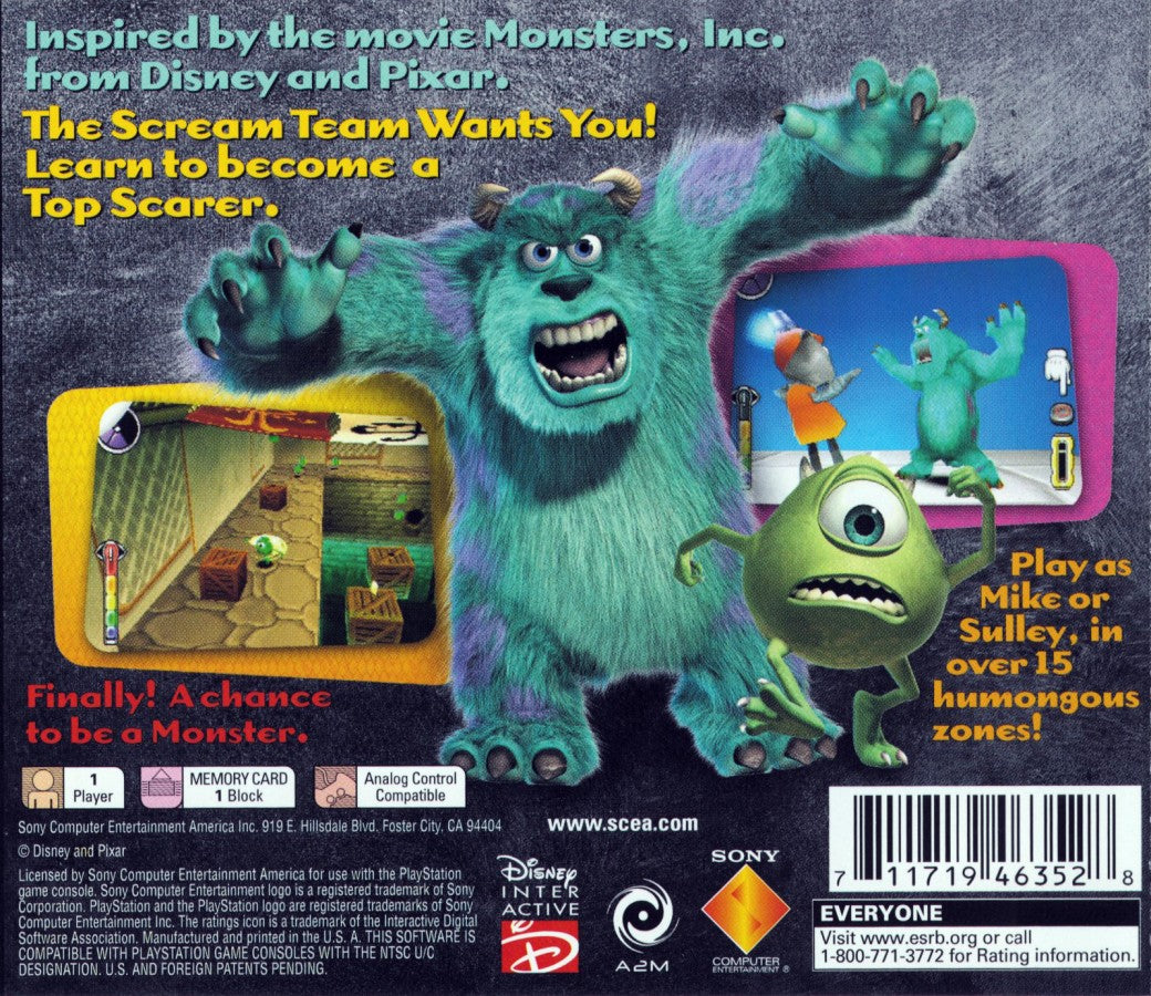 Monsters, Inc. Scream Team game for the PlayStation featuring 3D platforming gameplay based on the Pixar film with character switching between Mike and Sulley exploration of Monstropolis and energy collecting missions in a family friendly adventure setting back cover 