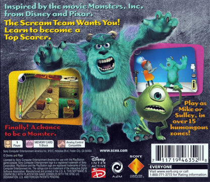 Monsters, Inc. Scream Team game for the PlayStation featuring 3D platforming gameplay based on the Pixar film with character switching between Mike and Sulley exploration of Monstropolis and energy collecting missions in a family friendly adventure setting back cover 