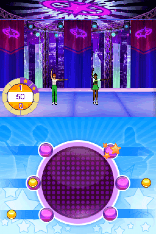 All-Star Cheer Squad Nintendo DS gameplay for retro video game featuring competitive cheerleading gameplay, rhythm based routines, customizable squads, dance challenges, and portable sports simulation action on the Nintendo DS handheld system