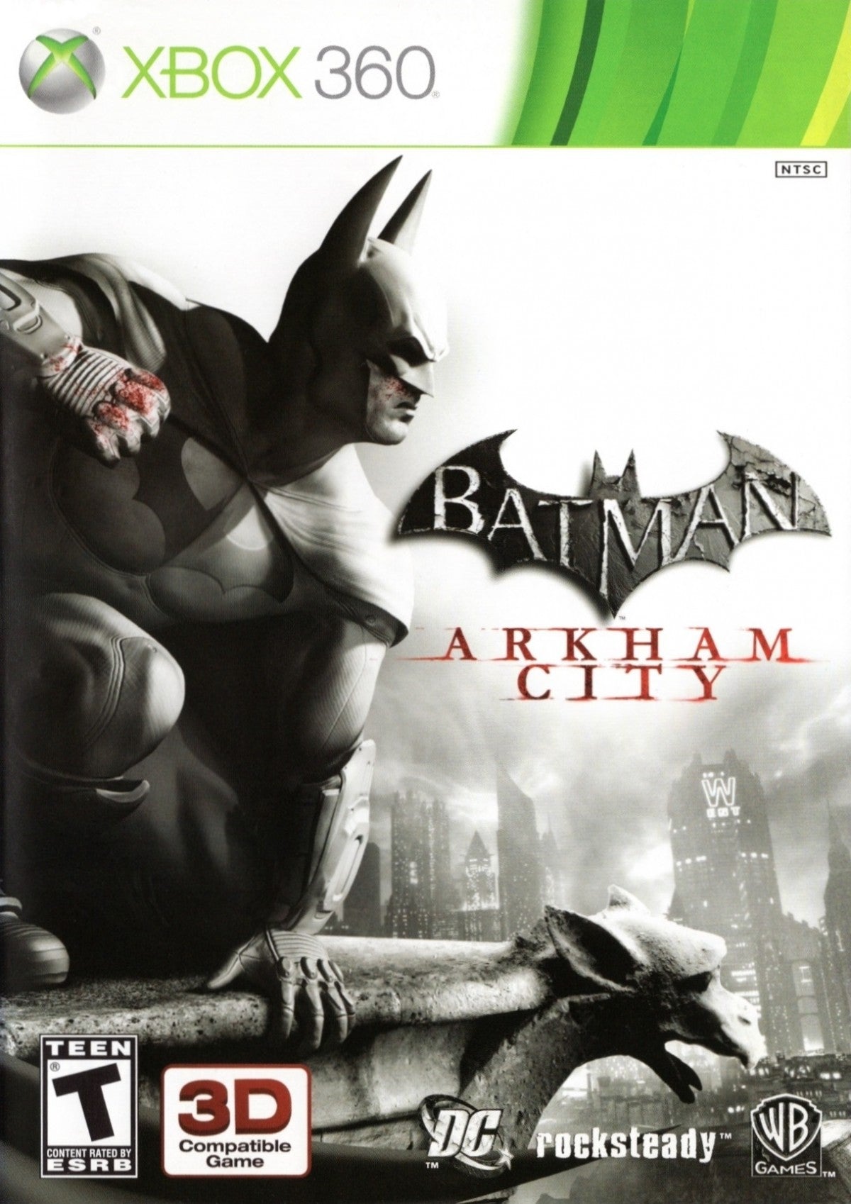 Batman Arkham City Xbox 360 open-world action-adventure stealth video game featuring the Dark Knight Catwoman Joker Hugo Strange Two-Face and Penguin with freeflow combat predator takedowns gadget upgrades gliding traversal and Riddler challenges front cover