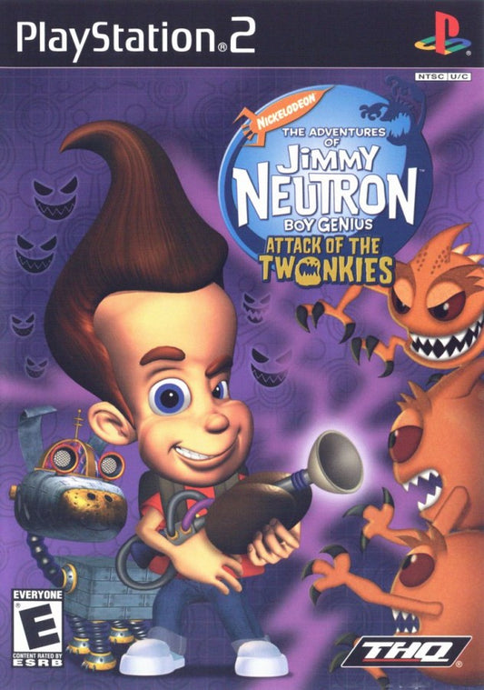 The Adventures of Jimmy Neutron Boy Genius Attack of the Twonkies PlayStation 2 action-adventure platformer video game based on the animated movie snow planet Twonkies creatures Jimmy Sheen Cindy Carl battling collecting THQ Nickelodeon license front cover