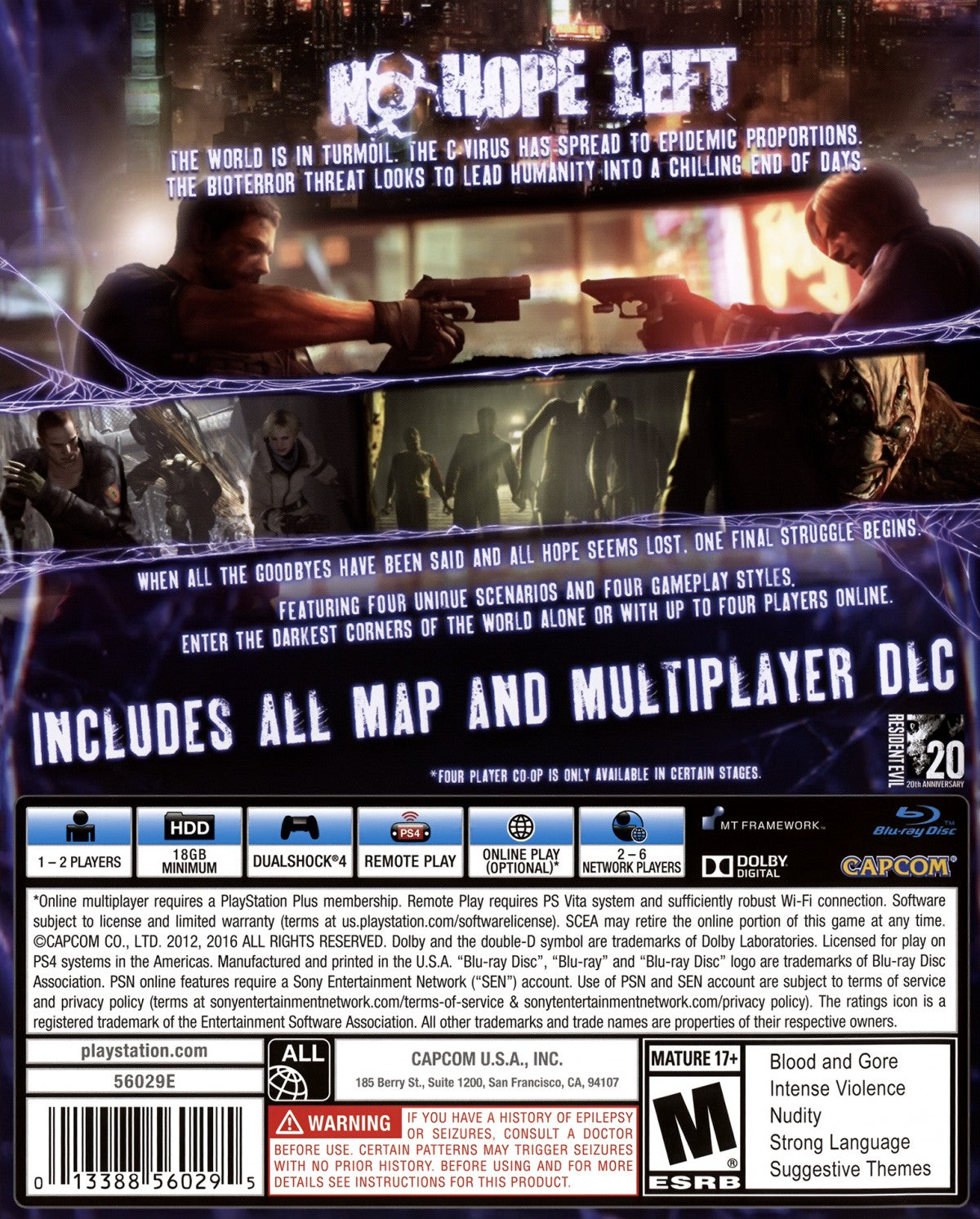 Resident Evil 6 Greatest Hits PlayStation 4 PS4 for survival horror action video game fans featuring third person combat multiple campaigns Leon Kennedy Chris Redfield and Jake Muller intense gunfights zombie and bio-organic enemies cooperative multiplayer cinematic storytelling global outbreak missions and immersive horror adventure collectible gaming appeal back cover art