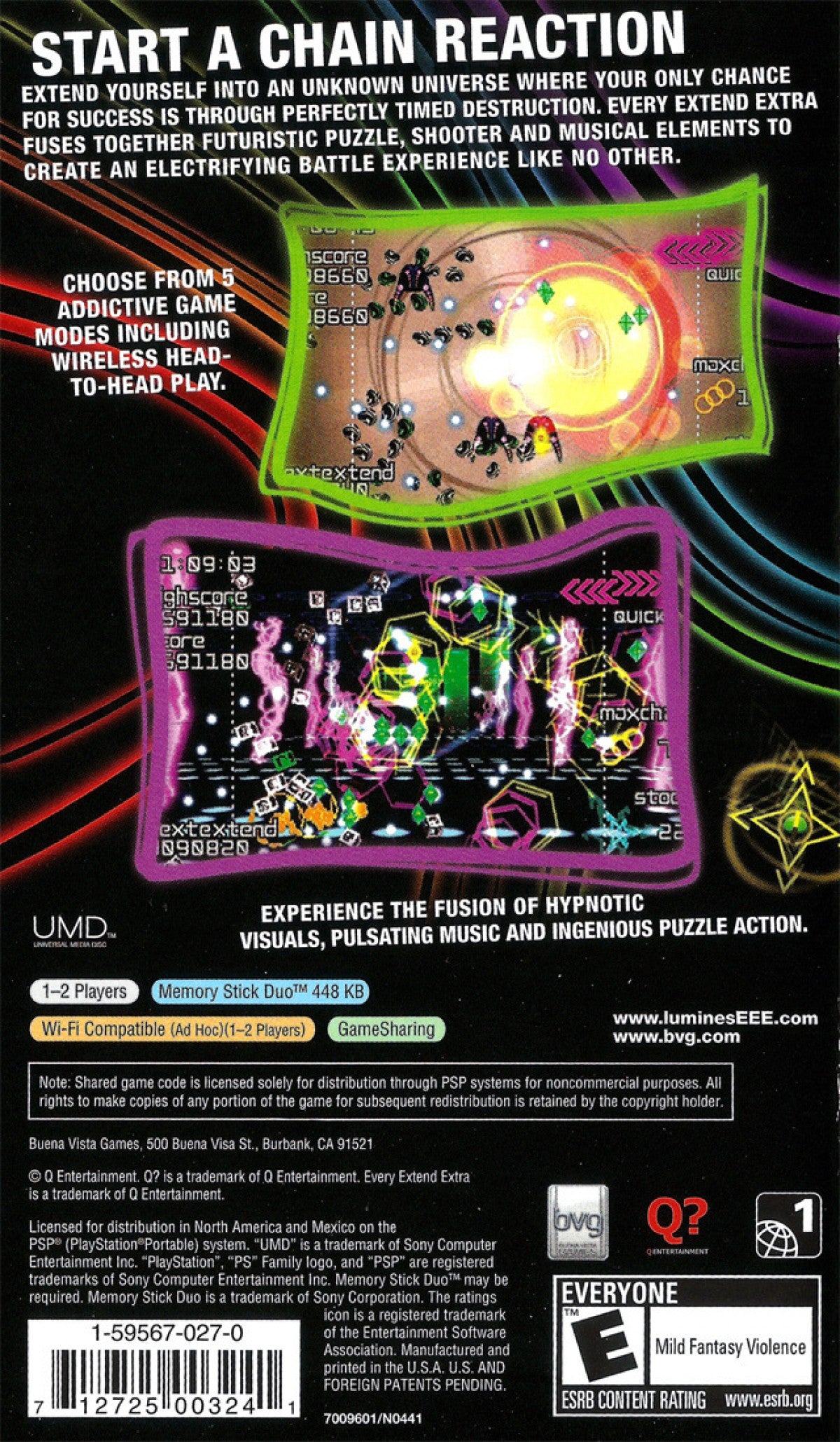 Every Extend Extra PlayStation Portable PSP for puzzle action video game fans featuring fast paced arcade gameplay chain reactions explosive combos colorful visuals rhythmic mechanics strategic scoring challenges addictive handheld action electronic soundtrack collectible gaming appeal back cover art