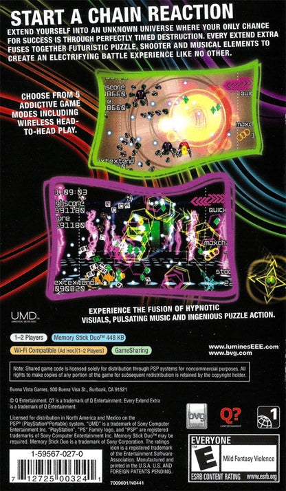 Every Extend Extra PlayStation Portable PSP for puzzle action video game fans featuring fast paced arcade gameplay chain reactions explosive combos colorful visuals rhythmic mechanics strategic scoring challenges addictive handheld action electronic soundtrack collectible gaming appeal back cover art