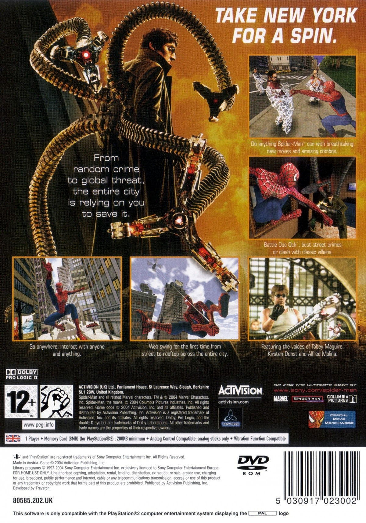 Spider Man 2 PS2 PlayStation 2 open world action adventure superhero game web swinging combat New York City exploration retro video game back of case