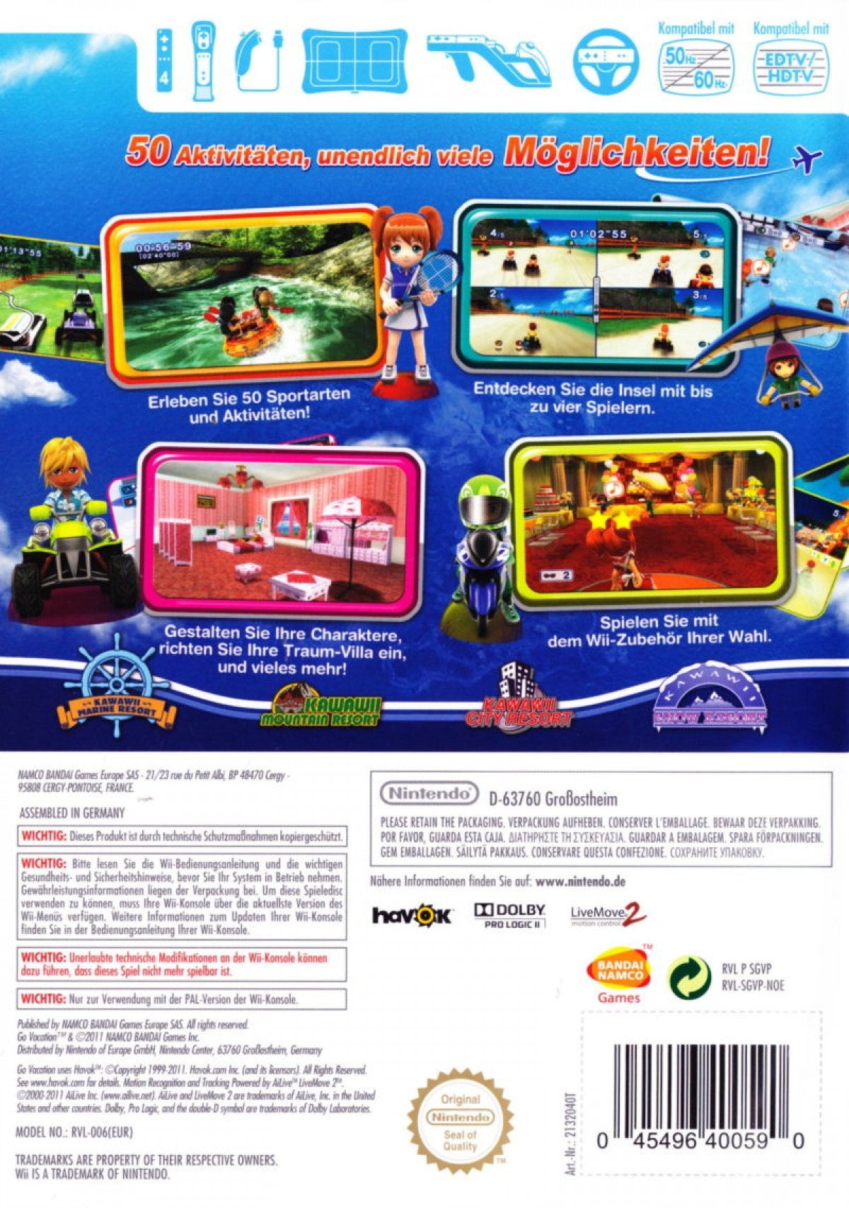 Go Vacation Nintendo Wii for family adventure sports video game fans featuring open world island exploration beach activities skiing snowboarding tennis horseback riding water sports mini games motion controls multiplayer gameplay and fun vacation themed entertainment collectible gaming appeal back cover art
