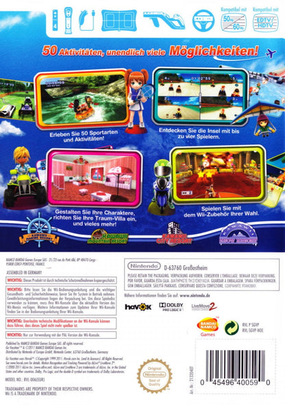 Go Vacation Nintendo Wii for family adventure sports video game fans featuring open world island exploration beach activities skiing snowboarding tennis horseback riding water sports mini games motion controls multiplayer gameplay and fun vacation themed entertainment collectible gaming appeal back cover art