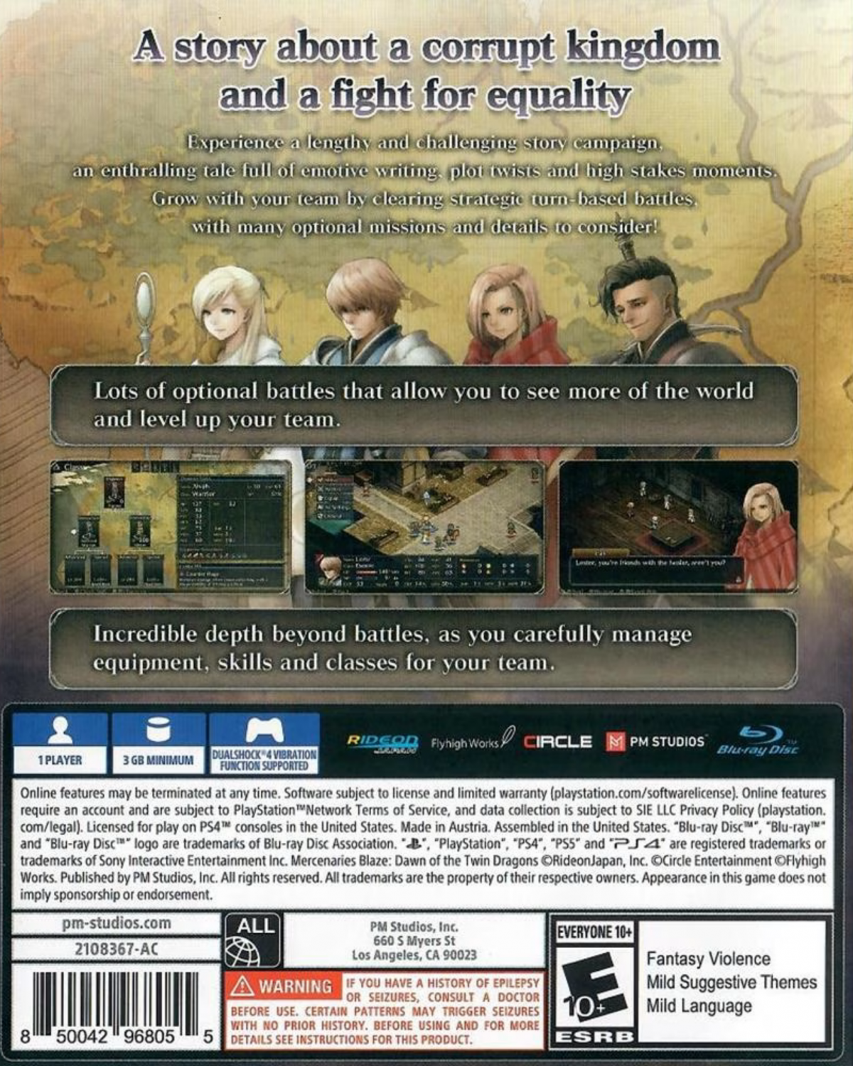 Mercenaries Blaze: Dawn of the Twin Dragons for PlayStation 4 (PS4) at Gamers INC, featuring a classic tactical RPG experience with deep turn-based combat, 3D isometric battlefields, and a branching narrative where your choices shape the fate of a kingdom in turmoil back cover