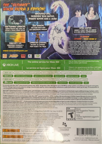 Naruto Shippuden Ultimate Ninja Storm 3 Full Burst Xbox 360 X360 anime fighting game featuring Naruto Uzumaki ninja battles chakra attacks special jutsu cinematic boss fights versus mode expanded Full Burst content and collectible Naruto gaming appeal back cover