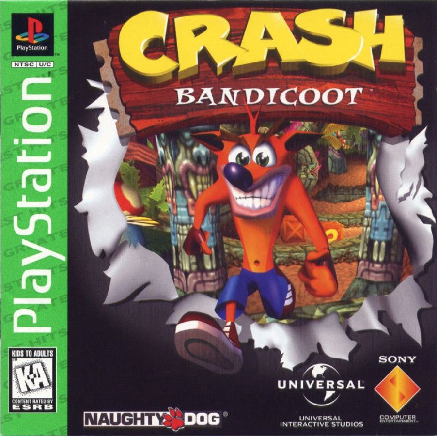 Crash Bandicoot PS1 PlayStation 1 platformer action adventure Naughty Dog mascot game jungle levels spin attack gameplay retro video game Greatest Hits edition cover art