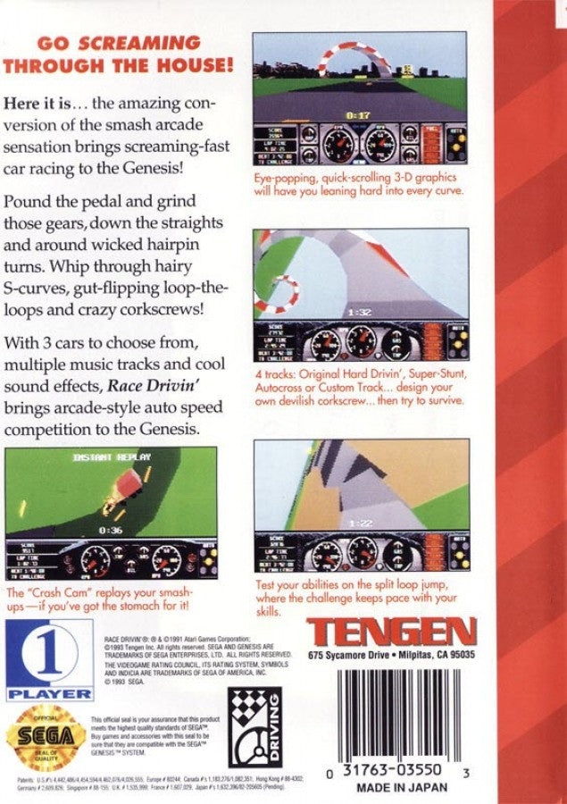 Race Drivin' back cover art for Sega Genesis (GEN) video game