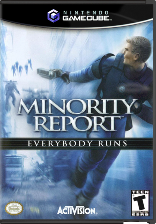 Minority Report Everybody Runs for GameCube featuring action adventure gameplay based on the sci fi film front cover