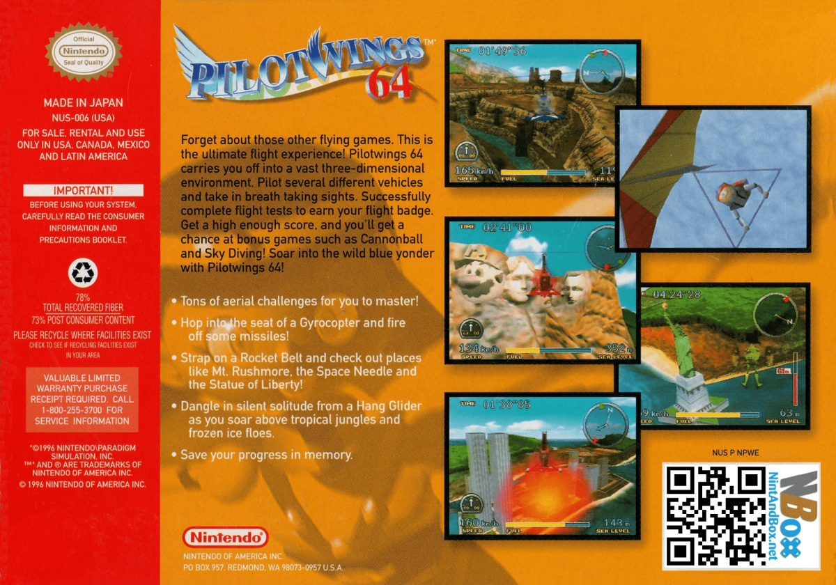 Pilotwings 64 back cover art for Nintendo 64 (N64) video game