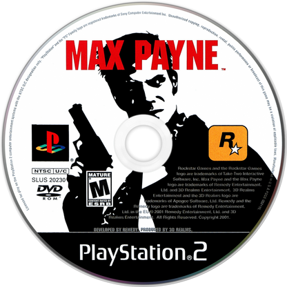 Max Payne PS2 Sony PlayStation 2 third person shooter noir action game bullet time slow motion combat gritty crime story revenge narrative Remedy Entertainment cinematic gameplay noir atmosphere retro gaming PlayStation 2 software video game title disc