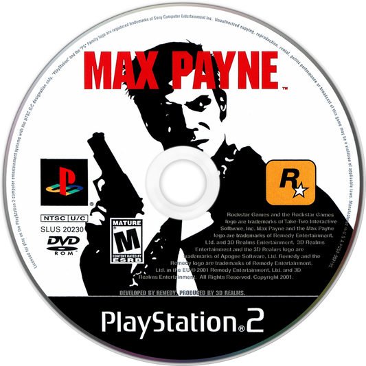 Max Payne PS2 Sony PlayStation 2 third person shooter noir action game bullet time slow motion combat gritty crime story revenge narrative Remedy Entertainment cinematic gameplay noir atmosphere retro gaming PlayStation 2 software video game title disc