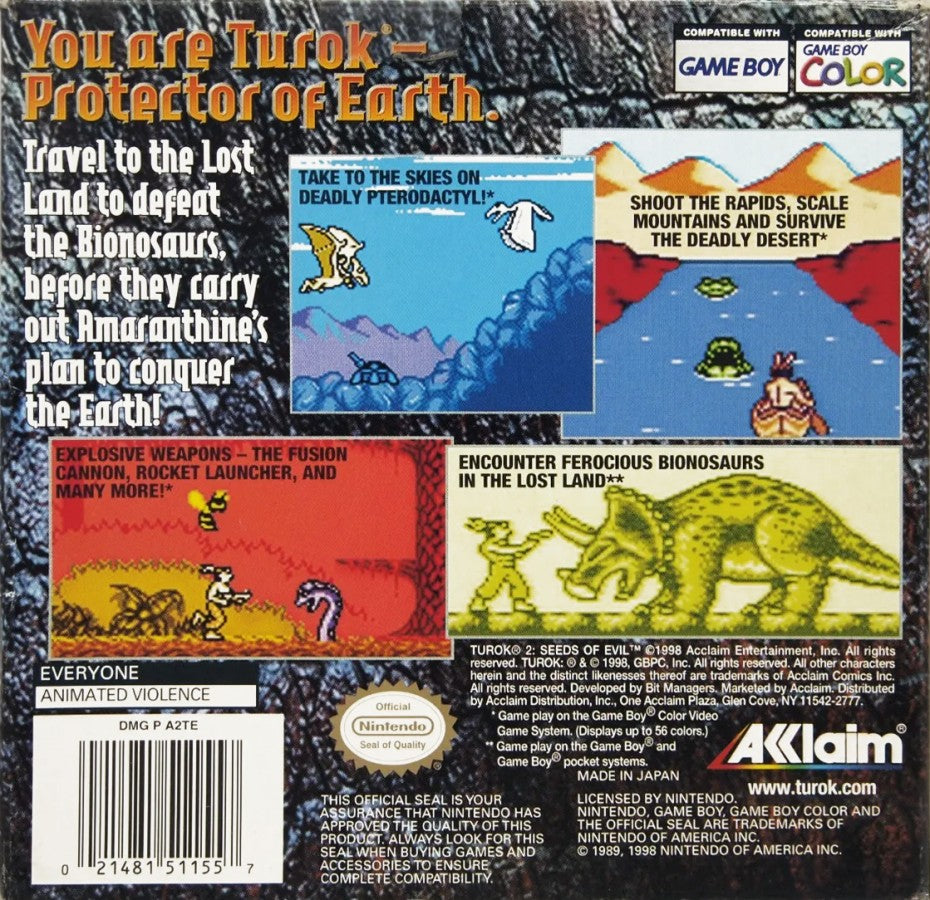 Turok 2: Seeds of Evil Nintendo Game Boy Color GBC for first person shooter retro video game fans featuring dinosaur hunting intense action sci fi environments powerful weapons expansive levels fast paced combat classic handheld gaming collectible gaming appeal back of case