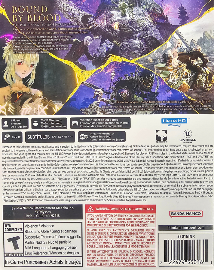 Code Vein II PlayStation 5 PS5 for action role playing video game fans featuring challenging soulslike combat dark fantasy exploration supernatural abilities powerful weapons character customization companion characters intense boss battles mysterious environments and immersive anime inspired adventure collectible gaming appeal back cover art
