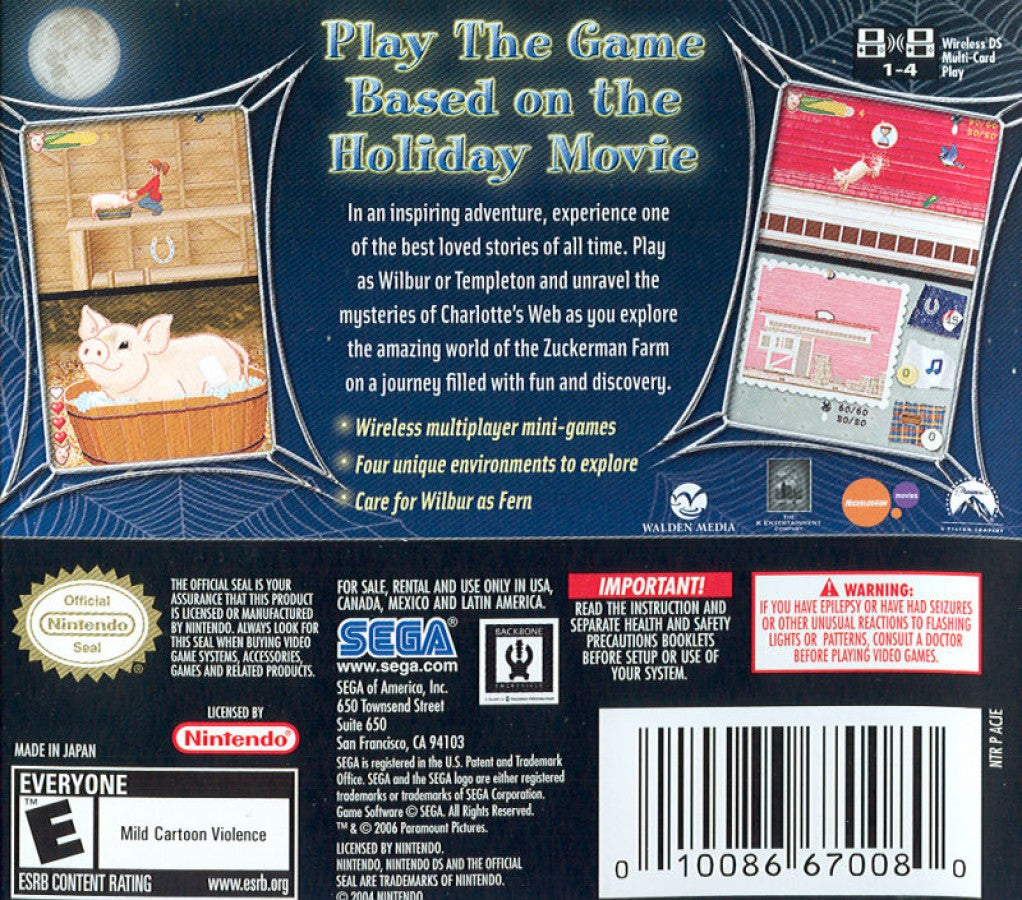 Charlotte's Web back of case for Nintendo DS (DS) family adventure video game