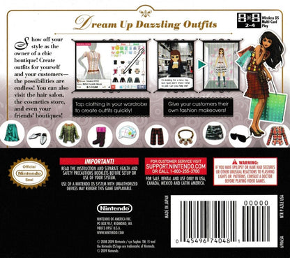 Style Savvy Nintendo DS video game, fashion boutique simulation, clothing design and management gameplay, handheld console title back cover
